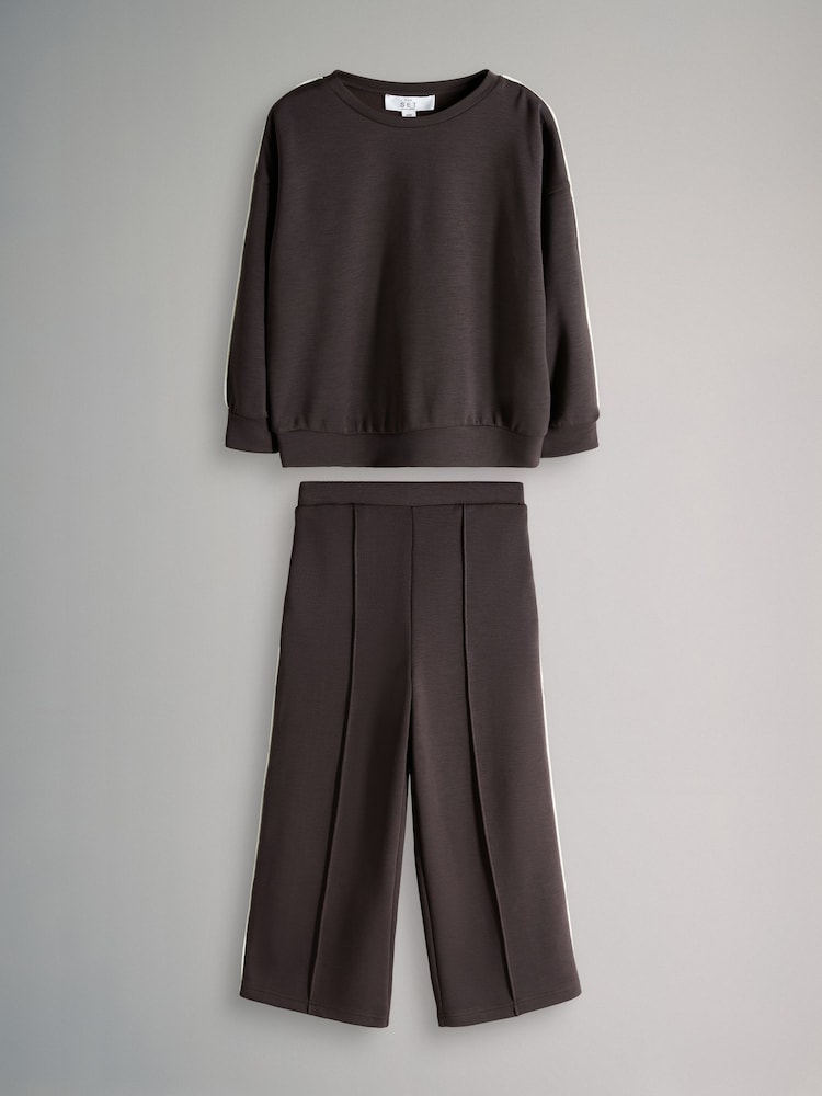 The Set Chocolate Brown Modal Jersey Crew and Wide Leg Joggers Set - Image 1 of 5
