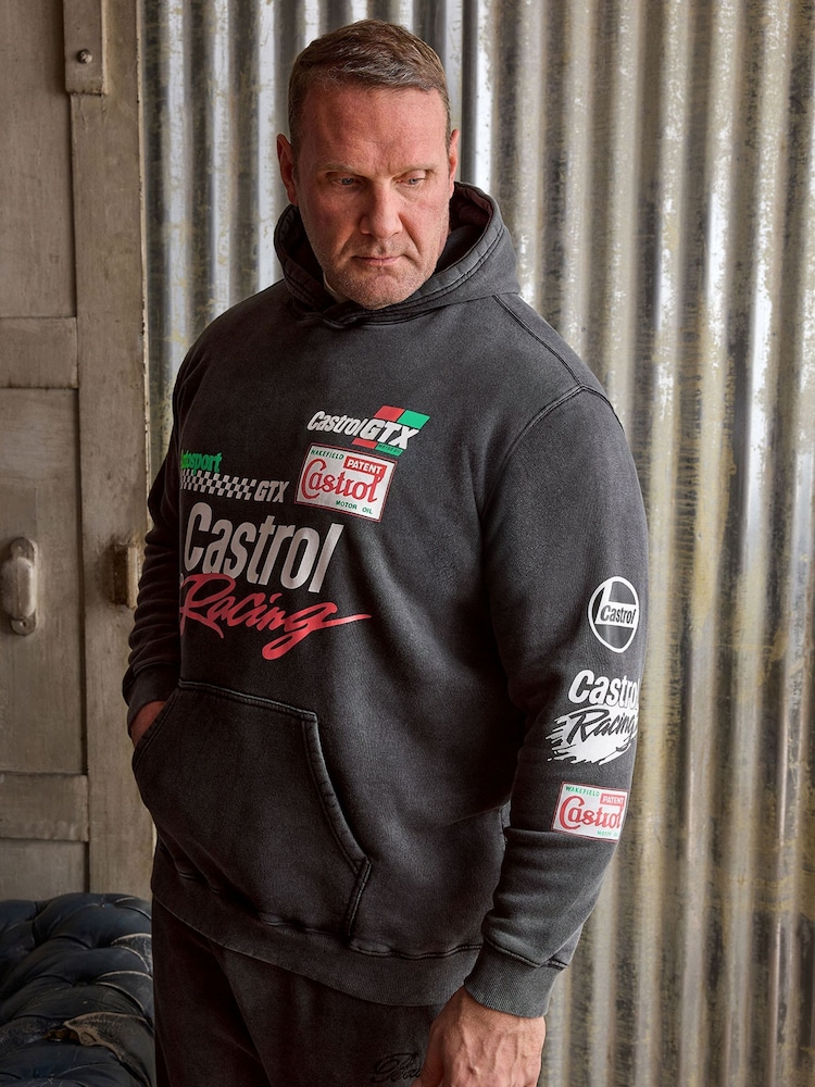 BadRhino Big & Tall Black Castrol Acid Wash Hoodie - Image 1 of 3 BadRhino Big & Tall Black Castrol Acid Wash Hoodie - Image 1 of 3
