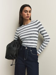 Bleumarin/alb în dungi - Soft Touch Slinky Nylon Crew Neck cu mânecă lungă Top cu mânecă lungă - Imaginea 1 din 4