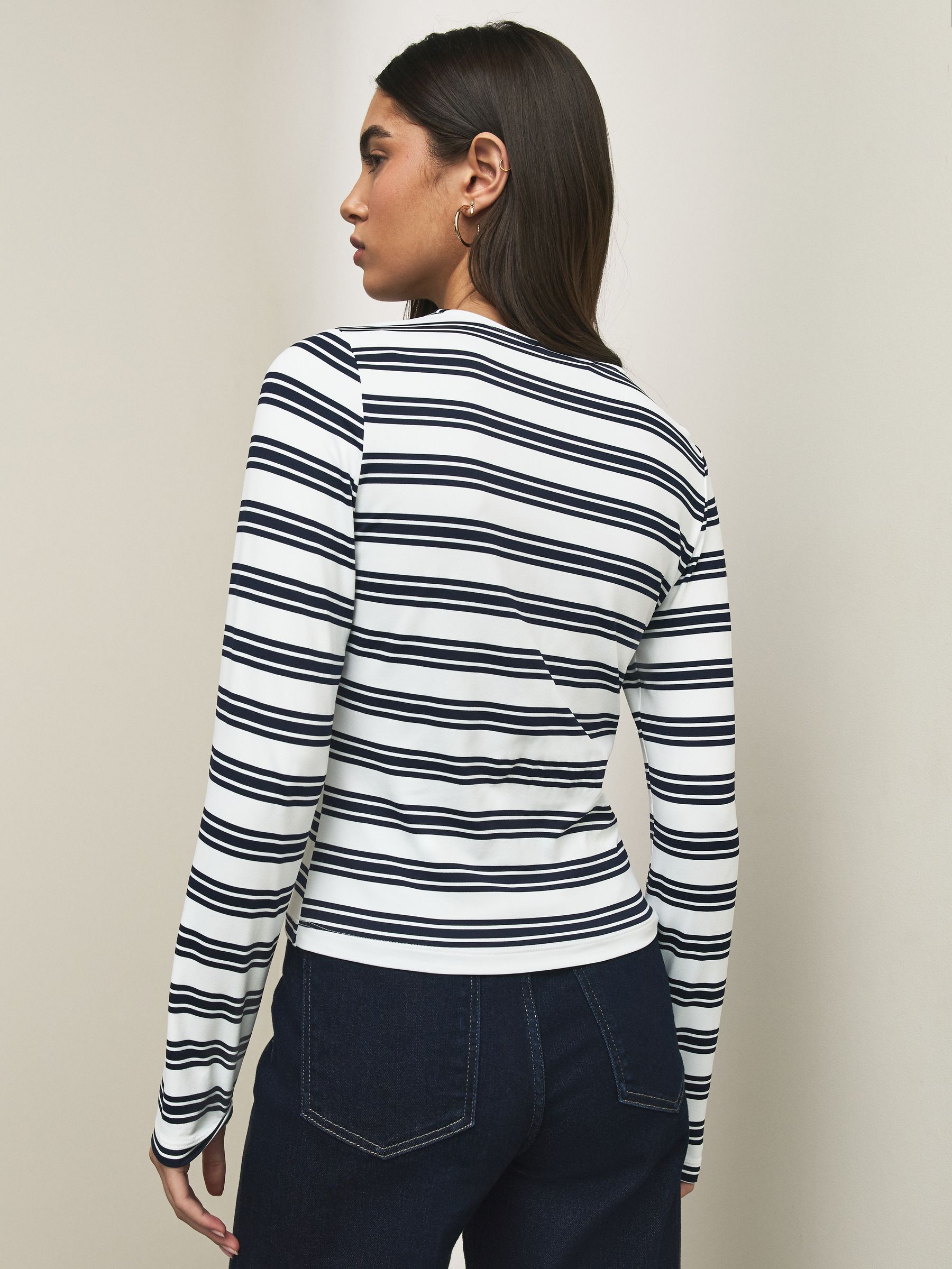 Buy Navy/White Stripe Soft Touch Slinky Nylon Crew Neck Long