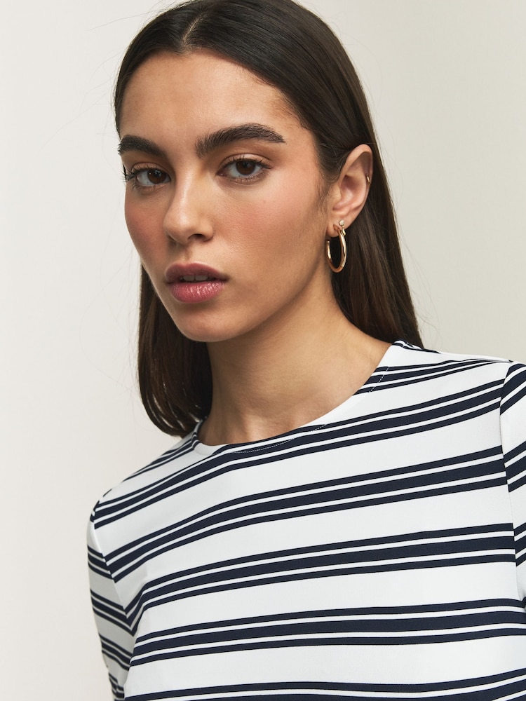 Navy/White Stripe Soft Touch Slinky Nylon Crew Neck Long Sleeve Top - Image 4 of 4 Navy/White Stripe Soft Touch Slinky Nylon Crew Neck Long Sleeve Top - Image 4 of 4