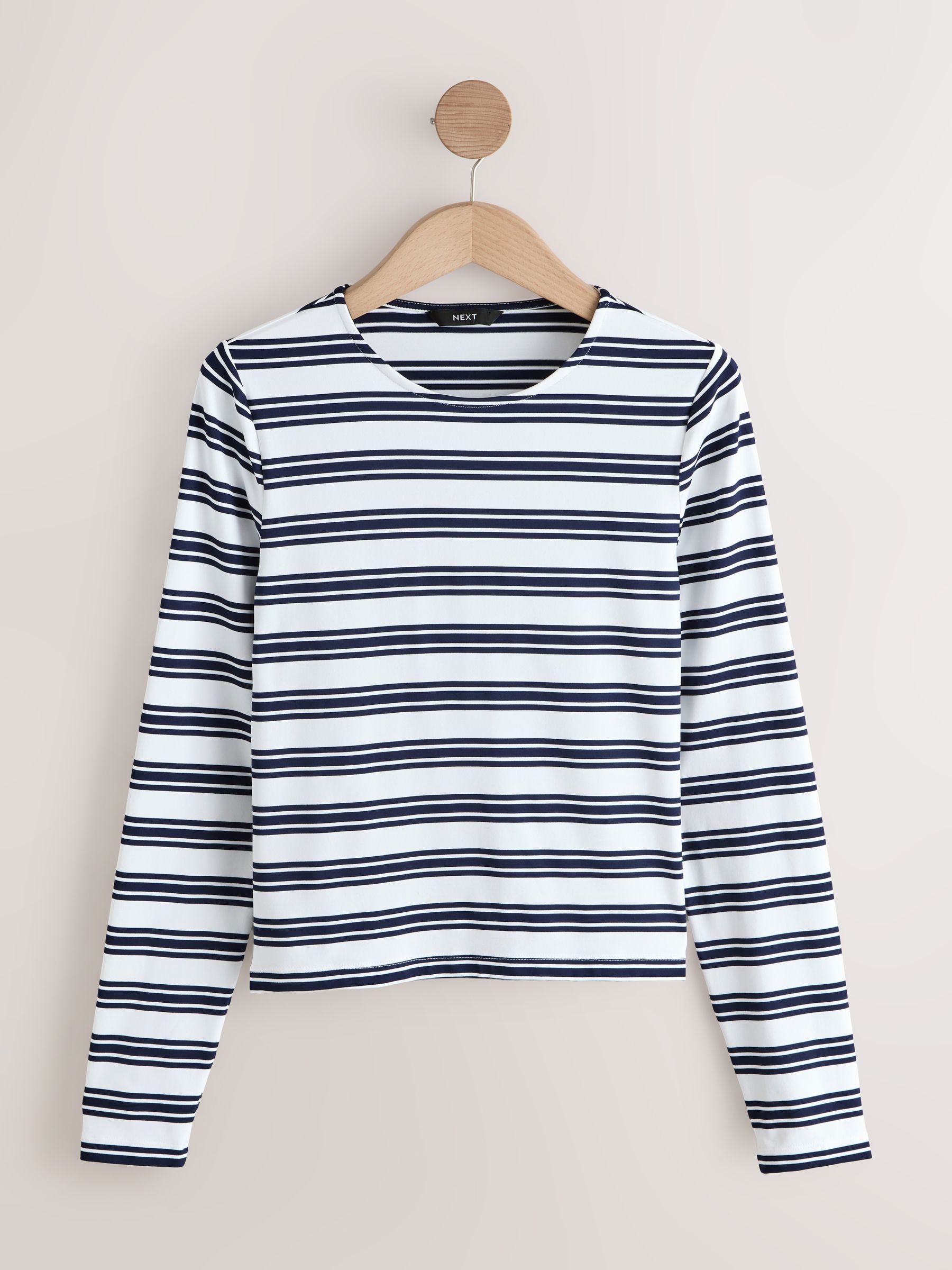 Buy Navy/White Stripe Soft Touch Slinky Nylon Crew Neck Long
