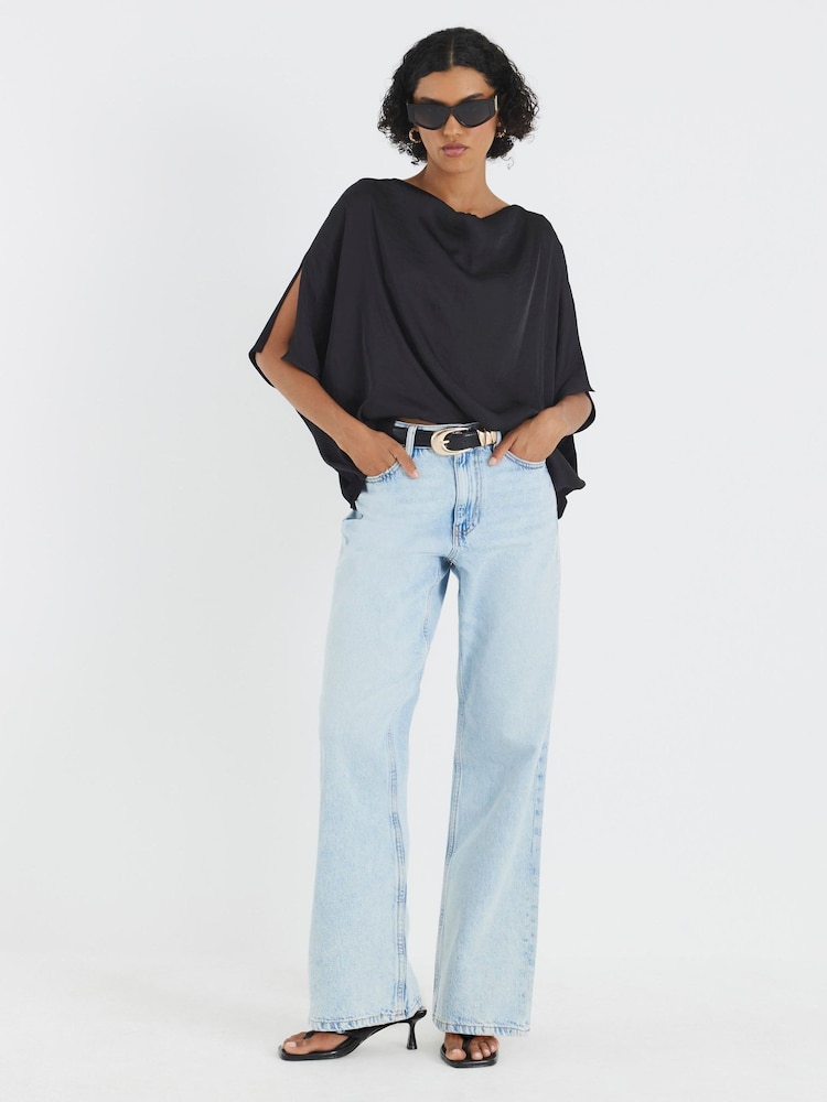 River Island Black Satin Drape Short Sleeve Top - Image 1 of 4