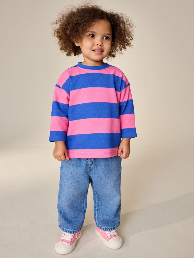 Pink Blue Stripe Long Sleeve Textured T-Shirt (3mths-7yrs) - Image 2 of 7