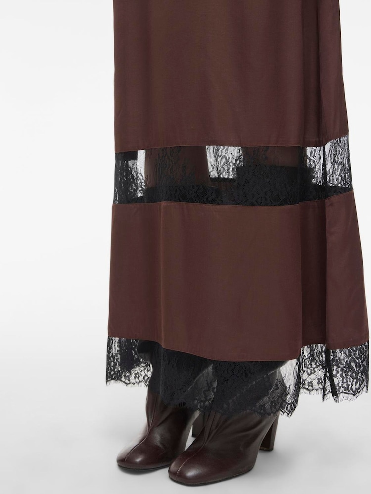 VILA Brown Lace Insert Detail Satin Singlet Dress - Image 4 of 4 VILA Brown Lace Insert Detail Satin Singlet Dress - Image 4 of 4