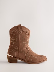 Baker by Ted Baker Tan Suede Studded Bow Western Tan Brown Boots - Image 1 of 6