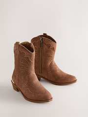 Baker by Ted Baker Tan Suede Studded Bow Western Tan Brown Boots - Image 2 of 6