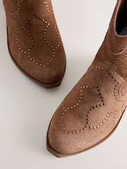Baker by Ted Baker Tan Suede Studded Bow Western Tan Brown Boots - Image 3 of 6