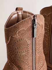 Baker by Ted Baker Tan Suede Studded Bow Western Tan Brown Boots - Image 4 of 6