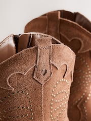 Baker by Ted Baker Tan Suede Studded Bow Western Tan Brown Boots - Image 5 of 6