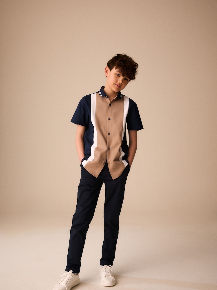 Tan/Navy Splice Short Sleeve Smart Shirt (3-16yrs) - Image 2 of 4