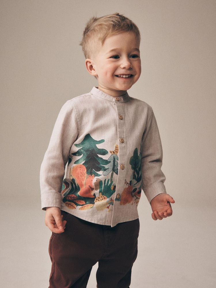 Neutral Forest Scene Long Sleeve Grandad Collar Scene Printed Shirt (3mths-10yrs) - Image 1 of 8 Neutral Forest Scene Long Sleeve Grandad Collar Scene Printed Shirt (3mths-10yrs) - Image 1 of 8