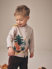Neutral Forest Scene Long Sleeve Grandad Collar Scene Printed Shirt (3mths-10yrs) - Image 2 of 8
