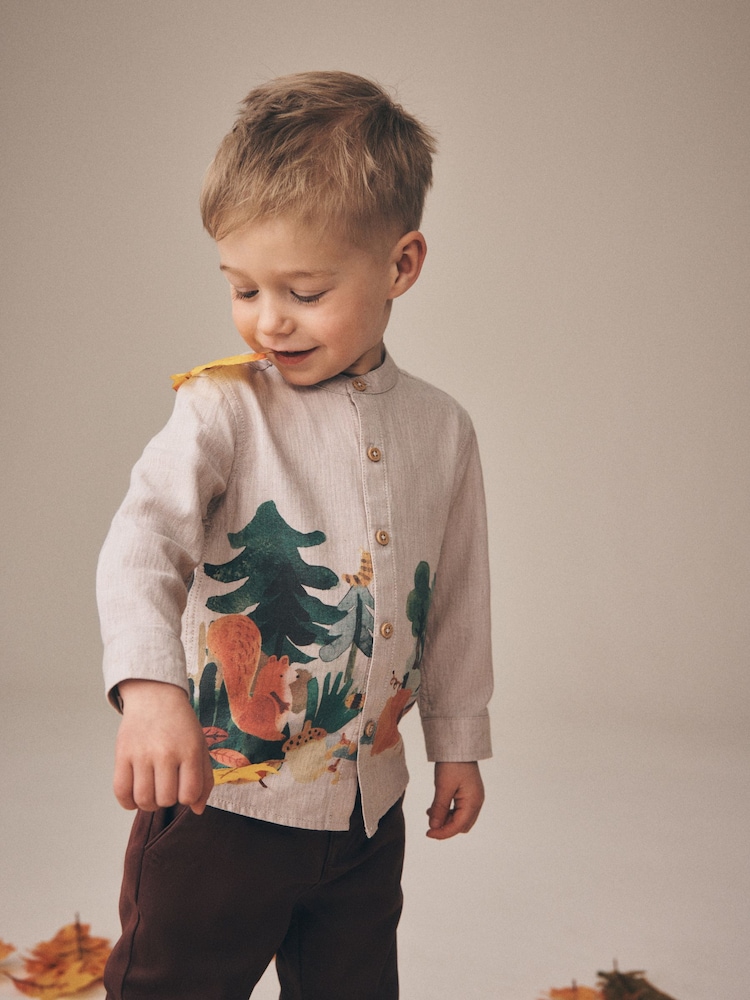 Neutral Forest Scene Long Sleeve Grandad Collar Scene Printed Shirt (3mths-10yrs) - Image 2 of 8 Neutral Forest Scene Long Sleeve Grandad Collar Scene Printed Shirt (3mths-10yrs) - Image 2 of 8