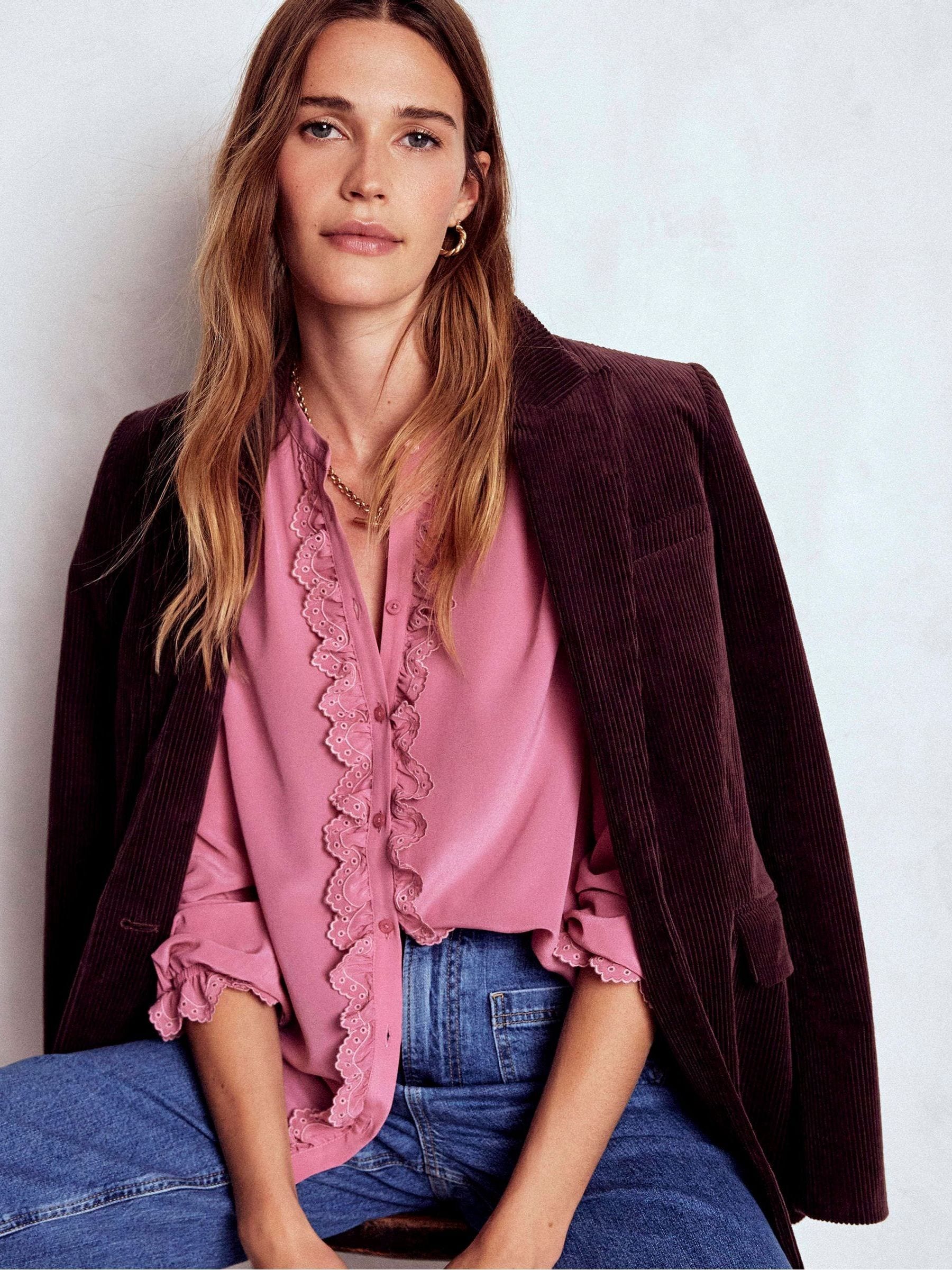 Buy Boden Pink Alice Frill Front Silk Top from Next Luxembourg