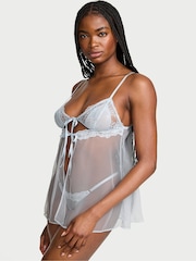 Victoria's Secret Linen Blue Sheer Lace Triangle Babydoll Set - Image 1 of 2