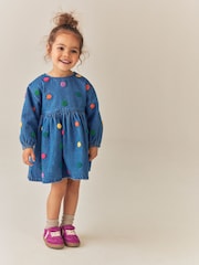 Blue Denim Long Sleeve Boucle Spot Dress (3mths-8yrs) - Image 1 of 8