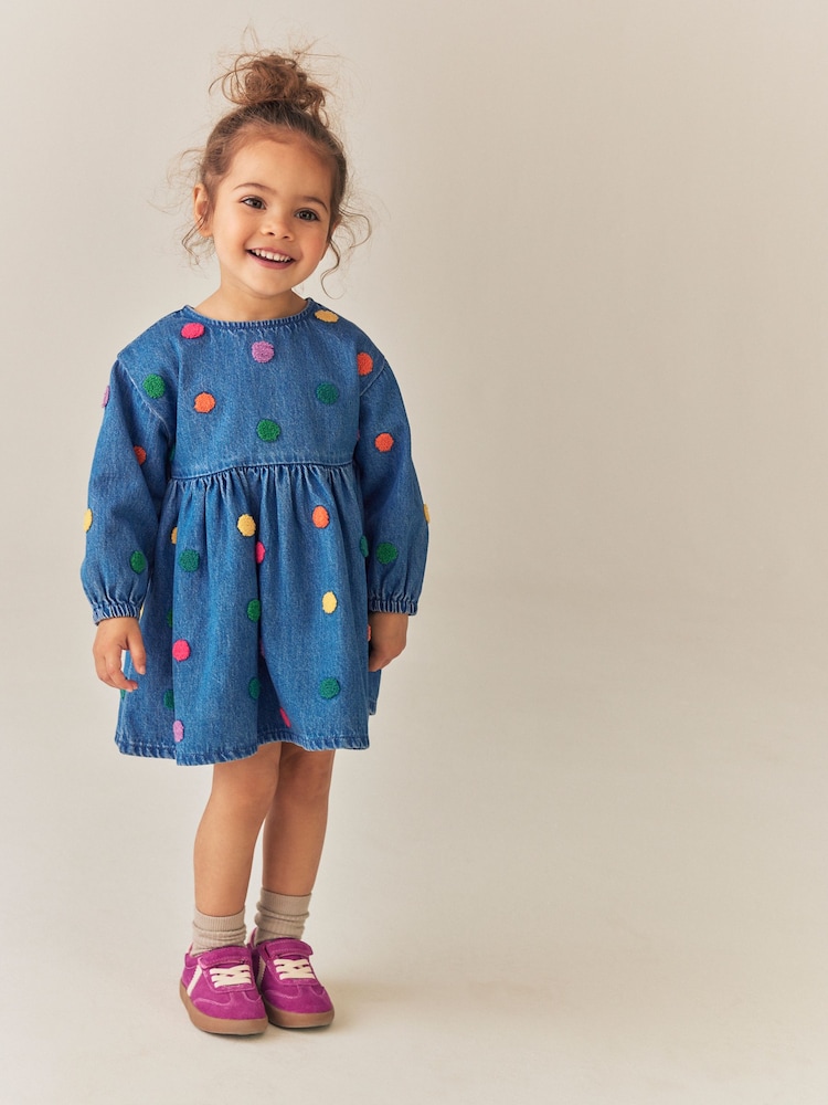Blue Denim Long Sleeve Boucle Spot Dress (3mths-8yrs) - Image 1 of 8