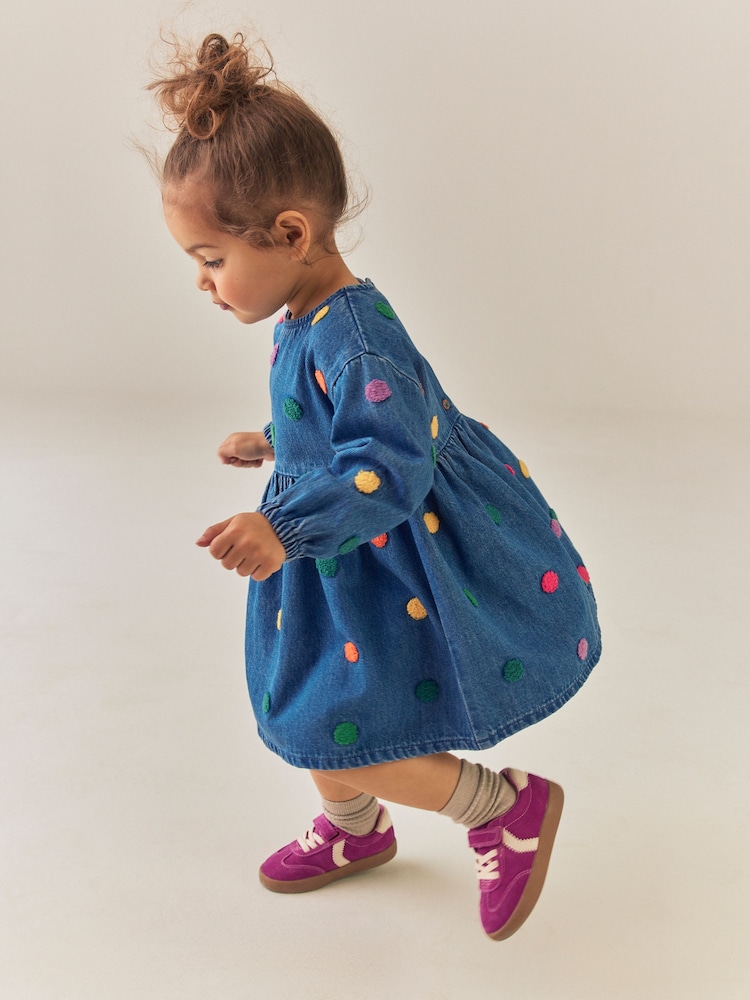 Blue Denim Long Sleeve Boucle Spot Dress (3mths-8yrs) - Image 2 of 8