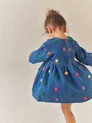 Blue Denim Long Sleeve Boucle Spot Dress (3mths-8yrs) - Image 3 of 8