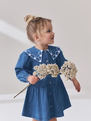 Blue Denim Long Sleeve Embroidered Collar Dress (3mths-8yrs) - Image 2 of 8
