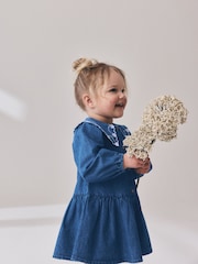 Blue Denim Long Sleeve Embroidered Collar Dress (3mths-8yrs) - Image 4 of 8