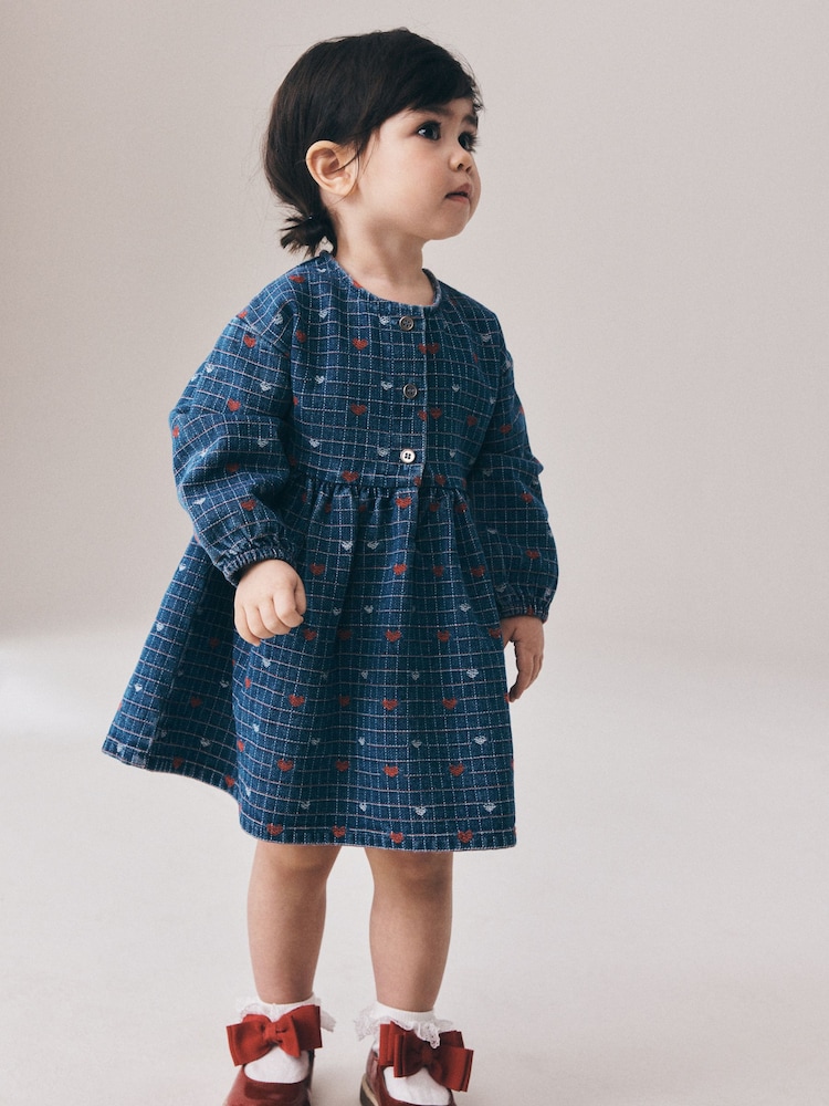 Niebieski dżins - Jaquard Heart Denim Long Sleeve Dress (3mths-8yrs) - Obraz 1 z 8