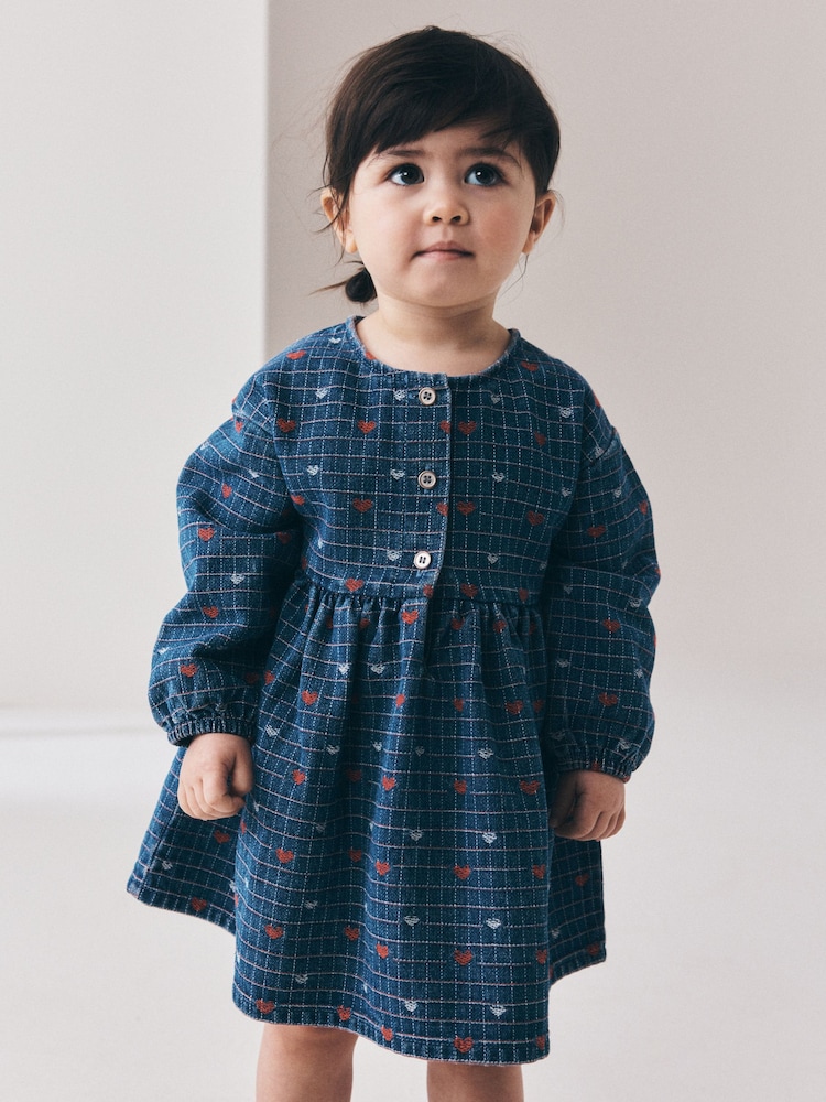 Niebieski dżins - Jaquard Heart Denim Long Sleeve Dress (3mths-8yrs) - Obraz 2 z 8