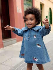Blue Denim Embroidered Dog Character Collar Dress (3mths-8yrs) - Image 1 of 8