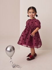 Burgundy Red Puff Sleeve Bow Detail Occasion Dress (3mths-8yrs) - Image 1 of 7