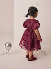 Burgundy Red Puff Sleeve Bow Detail Occasion Dress (3mths-8yrs) - Image 2 of 7