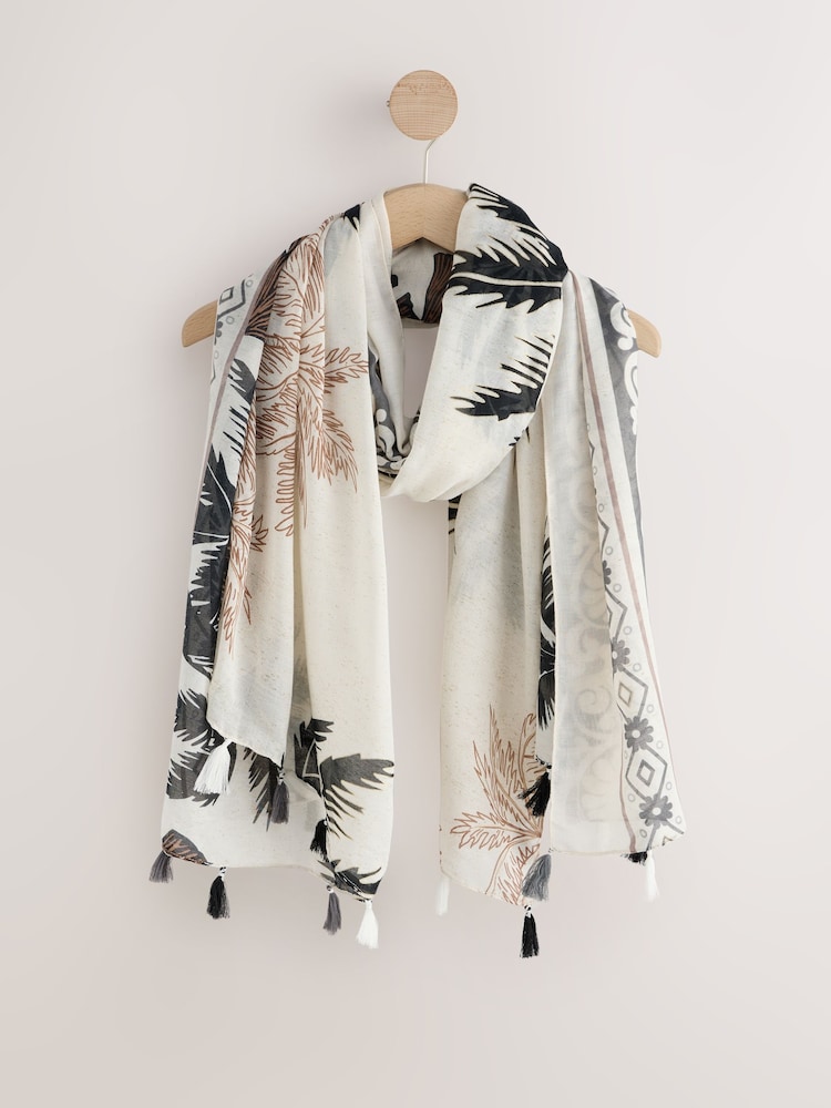 黑白 - Palm Foil Print Lightweight Scarf - 圖片 1/2