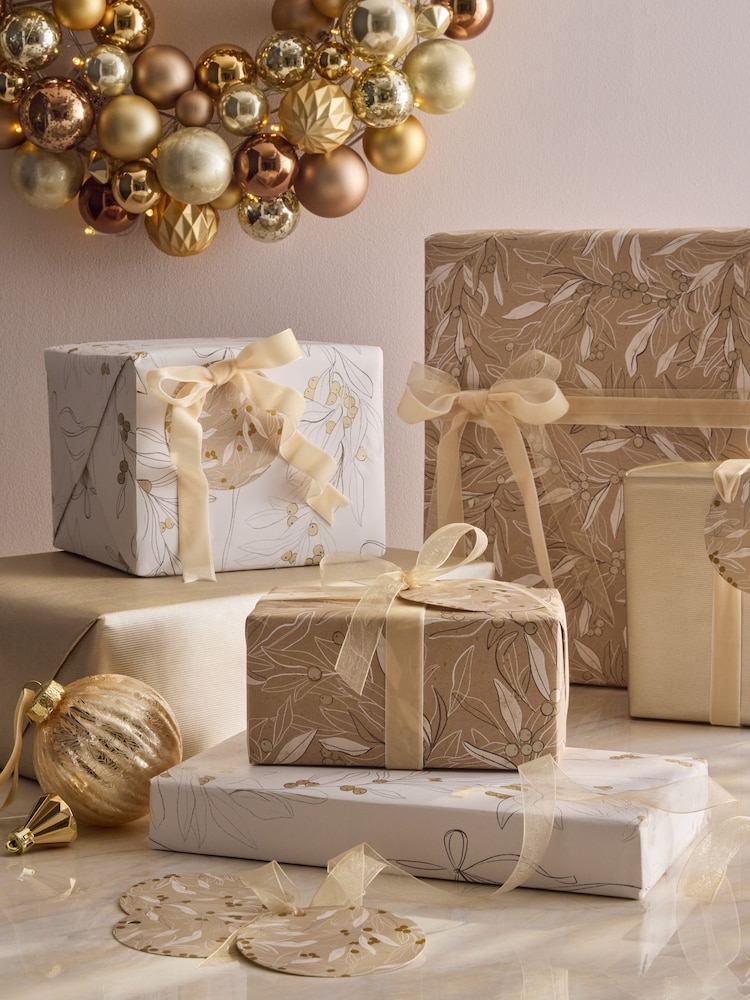 Set of 3 Gold Christmas Wrapping Paper Luxury Set of 3, 3m Gift Tags and Ribbons Set - Image 1 of 4