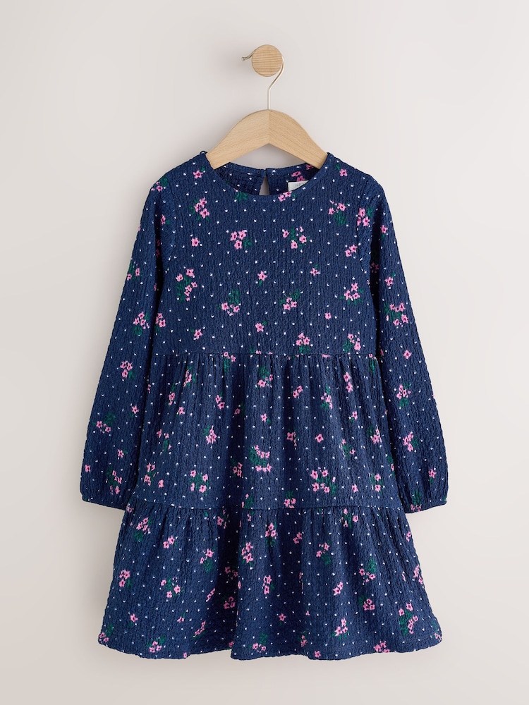 Blue/Navy Long Sleeve Cinkle Jersey Dress (3-16yrs) - Image 1 of 4 Blue/Navy Long Sleeve Cinkle Jersey Dress (3-16yrs) - Image 1 of 4