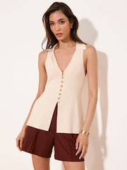 Lipsy Neutral Collared V-Neck Peplum Knit Waistcoat - Image 1 of 4