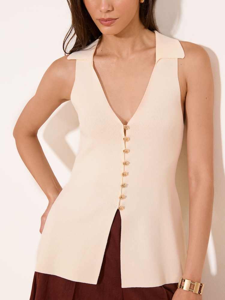 Lipsy Neutral Collared V-Neck Peplum Knit Waistcoat - Image 2 of 4