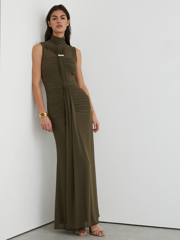 Reiss Khaki Green Colette Ruched Sleeveless Maxi Dress - Image 7 of 7