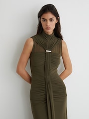 Reiss Khaki Green Colette Petite Ruched Sleeveless Maxi Dress - Image 4 of 8