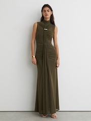 Reiss Khaki Green Colette Petite Ruched Sleeveless Maxi Dress - Image 6 of 8