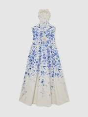 Reiss Ivory/Blue Amaya Cotton Floral-Print Belted Maxi Dress with Stretch - Image 2 of 8