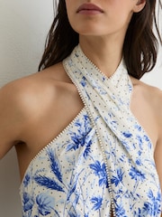 Reiss Ivory/Blue Amaya Cotton Floral-Print Belted Maxi Dress with Stretch - Image 3 of 8