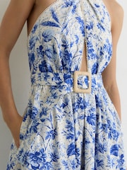 Reiss Ivory/Blue Amaya Cotton Floral-Print Belted Maxi Dress with Stretch - Image 5 of 8