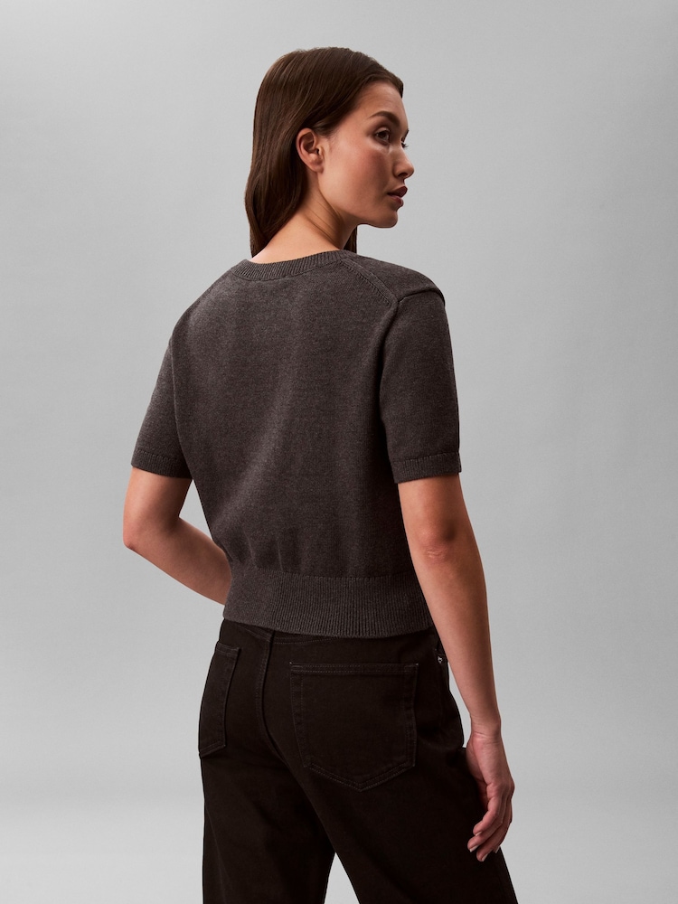 Calvin Klein Grey Monologo Cropped Jumper - Image 2 of 6 Calvin Klein Grey Monologo Cropped Jumper - Image 2 of 6