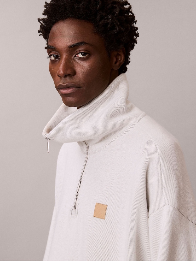 Calvin Klein White Brushed Rib 1/4 Zip Emblem Logo Sweatshirt - Image 6 of 6