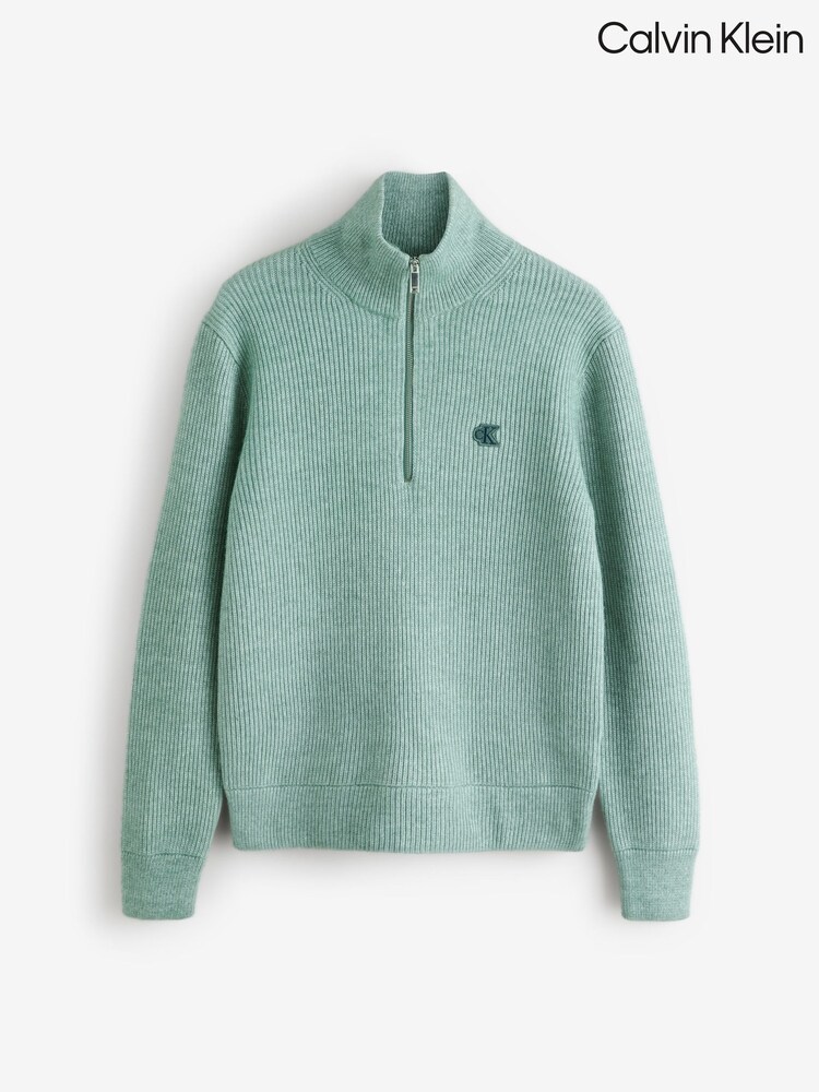 Calvin Klein Green Wool Blend Zip Neck Jumper - Image 1 of 2 Calvin Klein Green Wool Blend Zip Neck Jumper - Image 1 of 2
