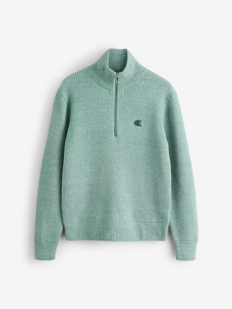 Calvin Klein Green Wool Blend Zip Neck Jumper - Image 2 of 2 Calvin Klein Green Wool Blend Zip Neck Jumper - Image 2 of 2