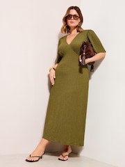 Friends Like These Green Curve Textured V-Neck Long Sleeve Midi Dress - Image 1 of 4