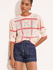 Lipsy Cream Coral Square Print Crochet Knitted Top - Image 1 of 4