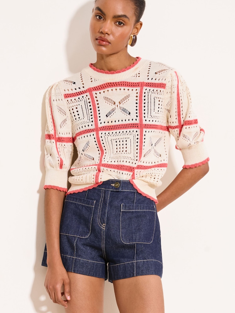 Lipsy Cream Coral Square Print Crochet Knitted Top - Image 1 of 4 Lipsy Cream Coral Square Print Crochet Knitted Top - Image 1 of 4