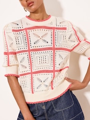 Lipsy Cream Coral Square Print Crochet Knitted Top - Image 2 of 4